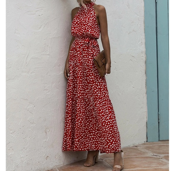 Boho Leopard Print High Waisted Halter Maxi Dress - Picture 1 of 7